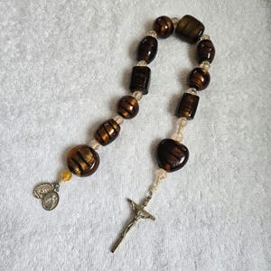 Chaplet Rosary with amber colored glass beads and St. Benedict and Guardian Angel medals