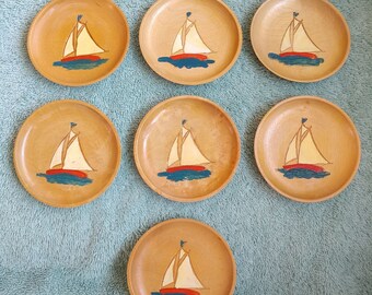 Coasters Set of 7 Wooden Drink Coasters with Hand Painted Sailboat Inlays