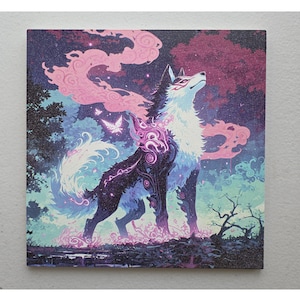 May include: Square canvas art print featuring a stylized wolf with a white and black coat, looking upwards. The artwork has a fantasy theme with pink and blue clouds, butterflies, and a mystical aura. The wolf is the central focus.