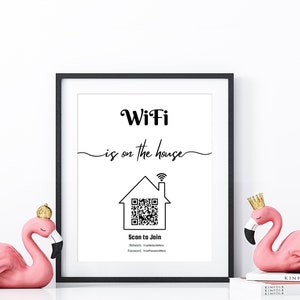 May include: A black framed print with the text "WiFi is on the house" and a QR code with the text "Scan to Join". The print is sitting on a table with two pink flamingo figurines.