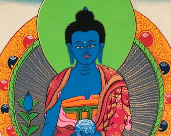 Buda da Medicina, Buda da Cura Pintura de Decoração de Parede Tibetana | Pintura sagrada de Thangka para meditação e boa sorte para casa