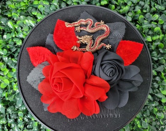 Hair comb with red & black chiffon roses and a red rhinestone dragon brooch