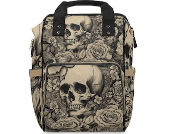 Mochila multifuncional para pañales con calaveras y rosas / Bolso para bebé con estampado floral gótico