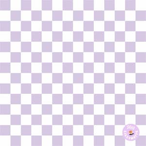 May include: A checkered pattern background in white and light purple. The design features a grid of evenly sized squares, creating a classic checkerboard effect. A small, circular logo with text and a cartoon character is in the bottom right corner.