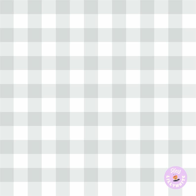 May include: A white and light gray gingham pattern background.