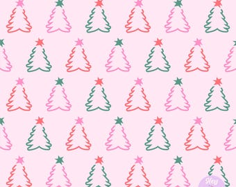 May include: A seamless pattern featuring pink, green, and red Christmas trees with a star on top. The background is a light pink color. The text "Hey Silly Witch" is in the bottom right corner of the pattern.