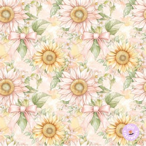 May include: A repeating pattern of watercolor sunflowers in shades of pink and yellow, interspersed with green leaves, small white flowers, and pink bows. The background has a soft, textured appearance.