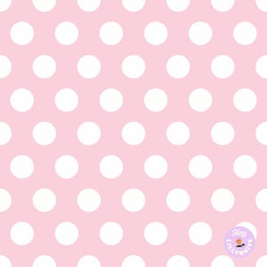 May include: A seamless pattern of white polka dots on a light pink background.