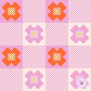 May include: A pink and white checkered background with a repeating pattern of orange and pink flowers. The flowers are pixelated and have a retro style. The text "Hey Silly Bunnies" is in a circle in the bottom right corner.