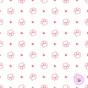 White and Light Cherry Red Pet Paws Seamless Pattern, Cat Paws, Dog Paws Seamless Pattern, Animal Paws Fabric Design, 300dpi High Resolution