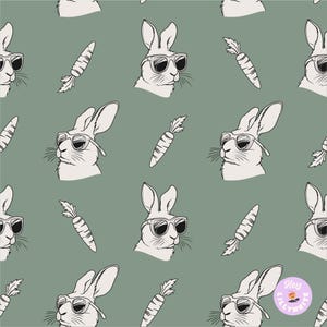 Peut inclure: Motif répété de lapins blancs portant des lunettes de soleil et des carottes sur un fond vert clair. Les lapins sont dessinés dans un style simple, en trait, créant un design ludique et fantaisiste.