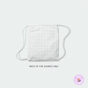 May include: A white drawstring bag with a gray and white gingham pattern. The bag is made of a lightweight fabric and has a simple design.
