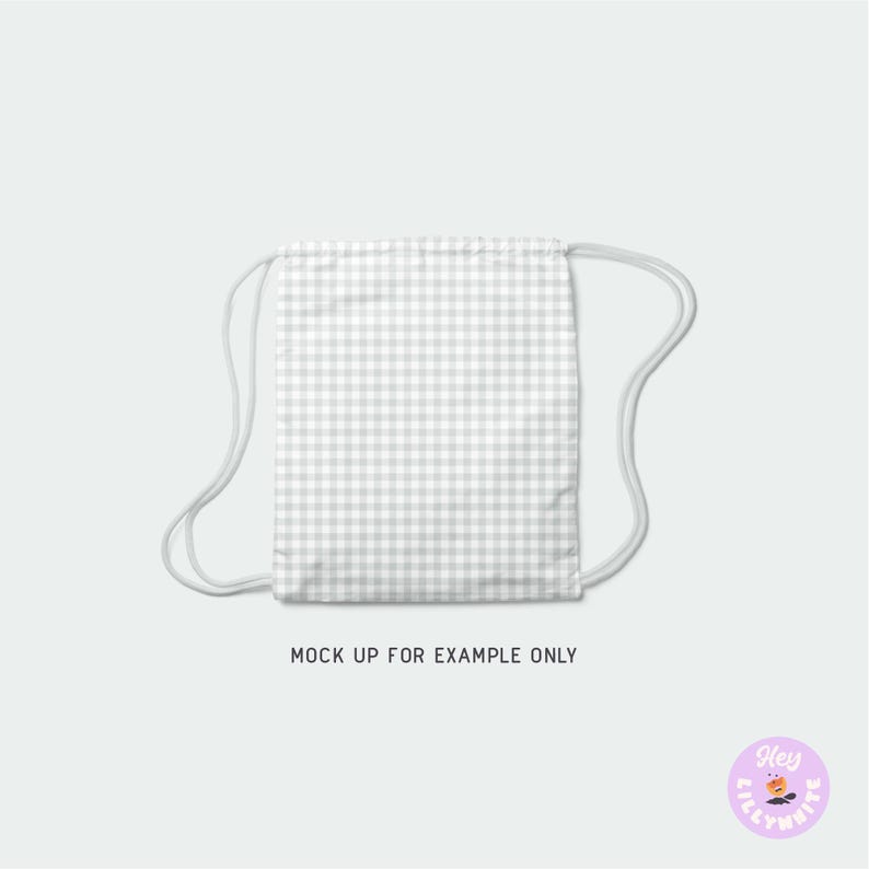 May include: A white drawstring bag with a gray and white gingham pattern. The bag is made of a lightweight fabric and has a simple design.