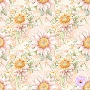 Puede incluir: Un patrón sin costuras con girasoles de acuarela en tonos amarillos y rosas, acentuados con hojas verdes y lazos delicados. El diseño tiene una paleta de colores suaves y pastel y una estética vintage, ideal para tela o papel pintado.