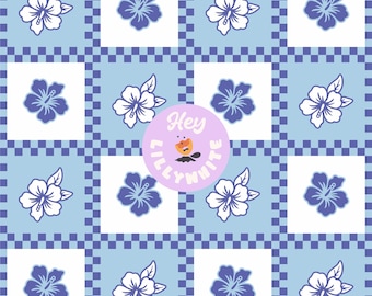 Hibiscus Flowers with Checkered Boarder in Light Blue, Betty Blue and White, Tropical Seamless Pattern for Fabric or Paper Printing, 300dpi
