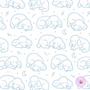 May include: White background with a repeating pattern of light blue sleeping poodle illustrations. The design includes small swirls, dots, and crescent moons. The overall theme is a cute and whimsical design.