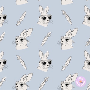 May include: A repeating pattern featuring rabbits wearing sunglasses and carrots on a pale blue background. The rabbits and carrots are illustrated in black and white, with the rabbits sporting cool sunglasses. The design is simple and stylish.