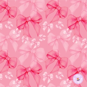 May include: A repeating pattern of pink bows in varying sizes and shades on a pink background. The bows have a watercolour effect, with some appearing more transparent than others. The design includes both large and small bows.