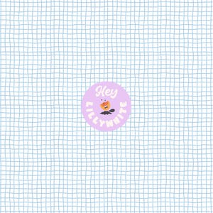 May include: A round, light purple sticker with the text "Hey Lillywhite" in a circular pattern. The sticker features a cartoon illustration of a smiling orange character with a black mustache and a black hat. The background is a light blue grid pattern.
