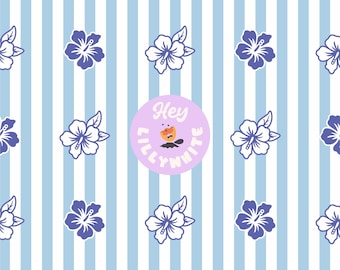 Hibiscus Flowers on Stripes in Light Blue, Betty Blue and White, Tropical Seamless Pattern for Fabric or Paper Printing, 300dpi Digital File