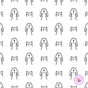 Può includere: Un motivo ripetuto di semplici disegni a tratto nero di un cane e un gatto su sfondo bianco. Il cane ha un corpo lungo e il gatto ha una faccia semplice. Il motivo è uniformemente distanziato.