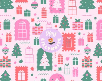 May include: A repeating pattern of Christmas trees, gift boxes, and ornaments in shades of pink, green, and red on a light pink background. A circular logo with the text "Hey Lillywhite" is in the center.
