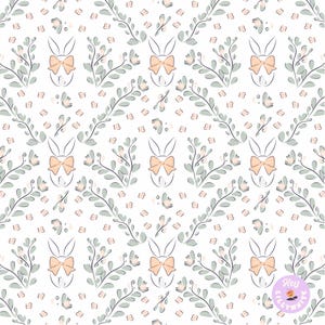 May include: A seamless pattern featuring white bunnies with pink bows, green leaves, and small pink flowers on a white background.