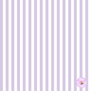 May include: Vertical stripes in alternating shades of white and lavender create a simple, yet elegant pattern. The stripes run the full length of the image. A small, circular logo with text and a flower is in the bottom right corner.