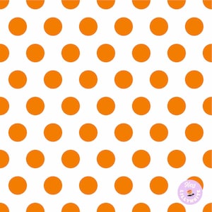 May include: A seamless pattern of orange polka dots on a white background.