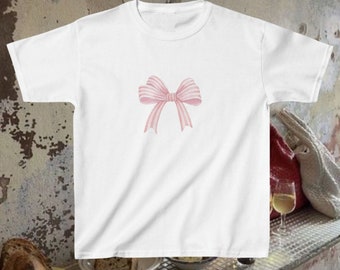 Pink bow baby Tee y2k tshirt gift for friends cute bow top girly tee baby tee for women bow tshirt coquette shirt pink baby tee
