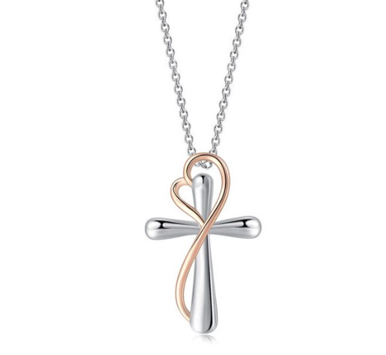 Rose Gold Heart Cross Necklace accessories Elegant Womens Etsy