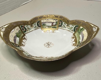 Cuenco antiguo de porcelana dorada con forma de flor pintado a mano de Nippon Morimura