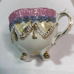 Rare Antique Porcelain Germany Gilded Blue, Pink, Yellow, Gold Footed Cup