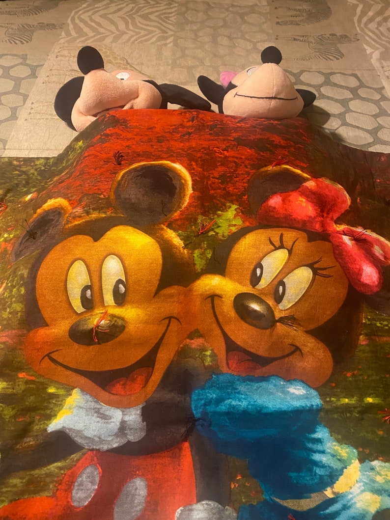 Puede incluir: Una manta roja, verde y marr&oacute;n con una imagen impresa de Mickey Mouse y Minnie Mouse. La manta presenta un primer plano de sus caras y un lazo azul en Minnie Mouse.