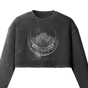 Moon Crop Top Long sleeve Crop Top Black with Silver Moon Witchy Shirt Faded Black