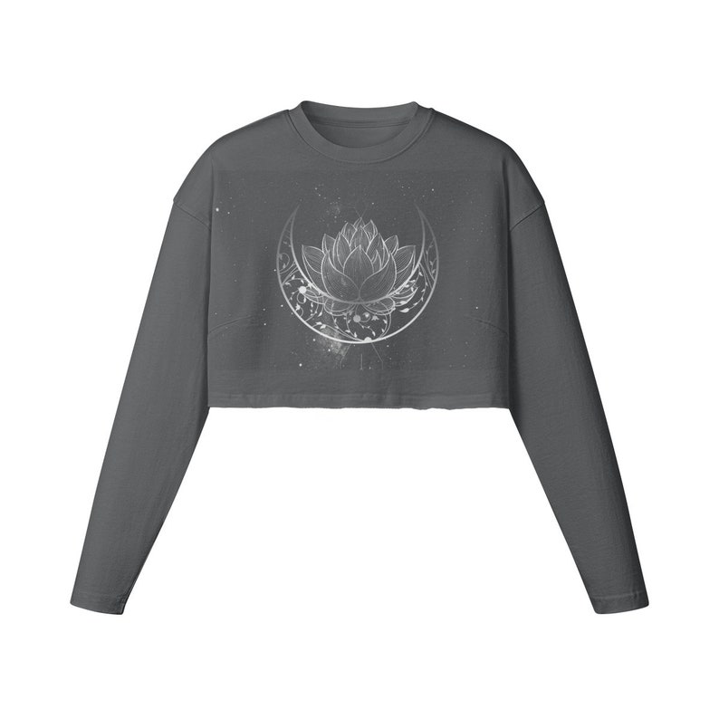 Moon Crop Top Long sleeve Crop Top Black with Silver Moon Witchy Shirt Carbon Gray