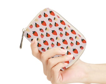 Pink Strawberries Coin Purse - Zipper Card Holder - Pink and Red Small Wallet