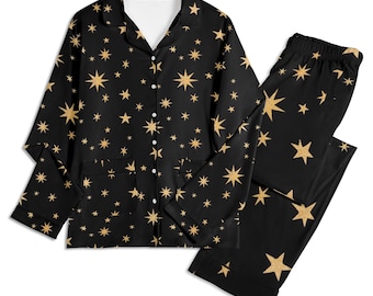 Black Gold Star Pajama Set, Celestial Unisex Sleepwear, Cozy Cotton Jersey Nightwear