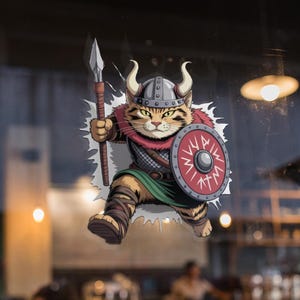 Viking Cat Outdoor Sticker, Die-Cut Vinyl Decal, Norse Cartoon Cat Feline Superhero Car Laptop Water Bottle, Fun Gift Idea