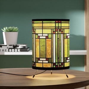 Tripod Lamp, Stained Glass look Printed Shade, FLW Inspired Prairie Style Architecture, US\CA Plug, Home Decor Lighting, Art Deco Table Lamp