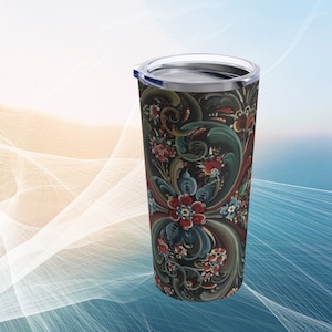 Floral Rosemaling Kaffeegetränk Becher 20 Unzen skandinavisches Reisebecher Thermobecher Geschenk für Swede Norweger Cottage Core Rosemale