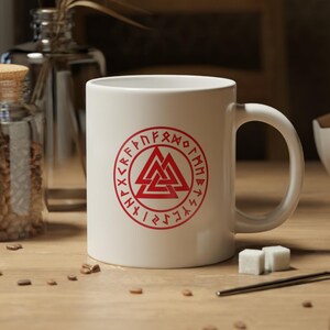Viking Valknut Jumbo Mug 20oz, Ceramic Norse Kitchen Decor Gift, Unique Scandinavian Cup, Nordic Gift Idea, Red Restaurant Style Cup