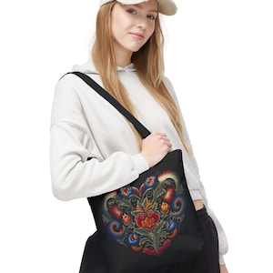 Rosemaling Heart Tote Bag - Scandinavian Eco-Friendly Shopping, Nordic Bohemian Chic Gift, Floral Design, Scandi Accessories