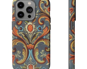 ROSEMALING PHONE CASE - Vintage Look Rosemaling Scandinavian Print Dual Layer Phone Case Norwegian Swedish design Now for iPhone 16