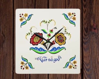 Swedish Floral Acrylic Wall Clock: Scandinavian Rosemaling Decor Var sa God