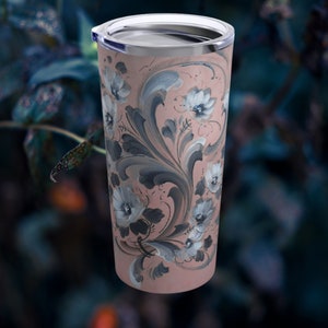 PINK Beige Rosemaling Kaffeegetränk Becher 20 Unzen Scandinavian Travel Mug Floral Insulierte Becher Geschenk für Swede Norweger