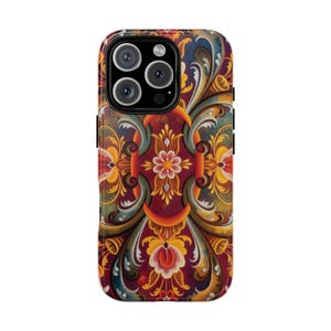 Colorful Rosemaling Phone Dual Layer Case Scandinavian Painting Rosemale Telemark Style Phone Case Swedish Norwegian