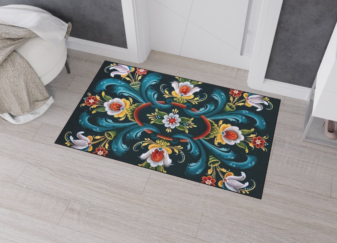 Rosemaling Design Floor Mat Heavy Duty Nonslip Door Mat Rubber Backing Scandinavian Swedish