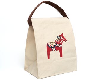 Bolsa de almuerzo de lona con diseño de caballo de Dalarna: bolsa reutilizable y ecológica para niños, accesorio para la vuelta al cole, imprescindible para un picnic con caballos de Dalarna, una bonita idea de regalo.