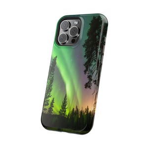 Mag Safe Northern Lights Phone Tough Case for Magnetic Charging Aurora Borealis Forest at Night, Norway Iceland Amazing Sky Protective Cover